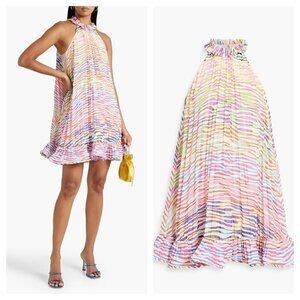 NEW Amur Estfan Pleated Ruffled Printed Mini Dress in Double Rainbow Women's 0